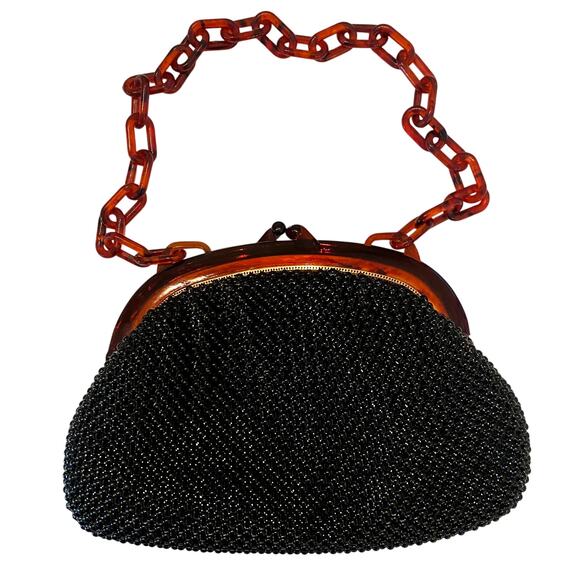 Vintage WHITING & DAVIS Mesh Handbag Tortoise Lucite Chain Kiss Lock Mid Century - Picture 1 of 11